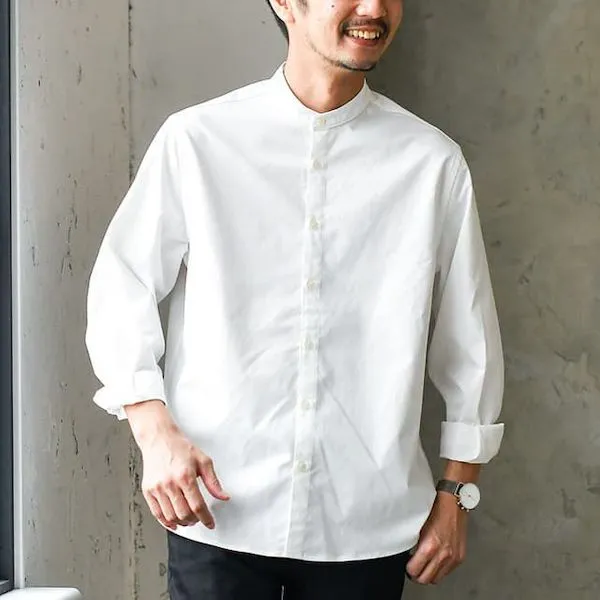 大人のバンドカラーシャツ防しわストレッチシャツ
