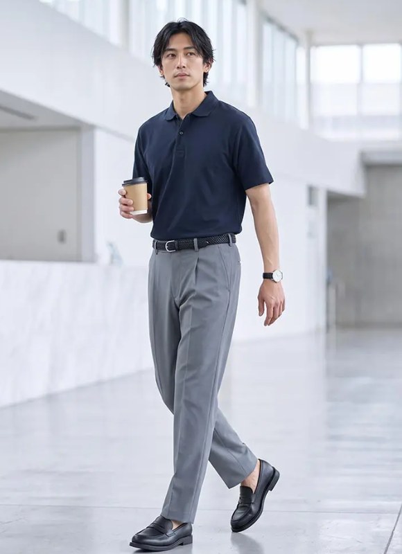 紺のポロシャツとグレーのスラックスを合わせた50代のコーデ