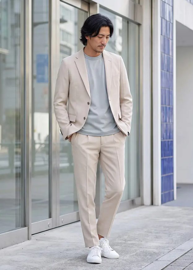 ベージュのセットアップにグレーTシャツと白スニーカーを合わせた40代メンズコーデ