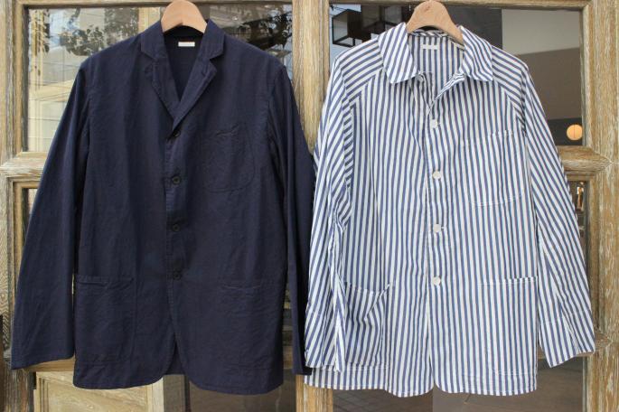 COMOLI<br />
Coverall (Right)<br />
COLOR / Stripe<br />
SIZE / 1,2<br />
PRICE /  29,000+tax<br />
<br />
Shirt Jacket (Left)<br />
COLOR / Navy<br />
SIZE / 1,2,3<br />
PRICE /  29,000+tax<br />
