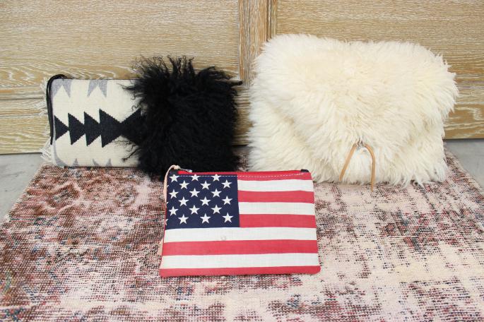 TOTeM Salvaged<br />
Rum Fur Clutch<br />
SIZE / One Size(Left)<br />
Made in USA<br />
PRICE / 35,000+tax <br />
<br />
TOTeM Salvaged<br />
Flag Pouch<br />
SIZE / One Size(Center)<br />
Made in USA<br />
PRICE / 30,000+tax <br />
<br />
TOTeM Salvaged<br />
SeepClutch<br />
SIZE / One Size(Right)<br />
Made in USA<br />
PRICE / 56,000+tax <br />
