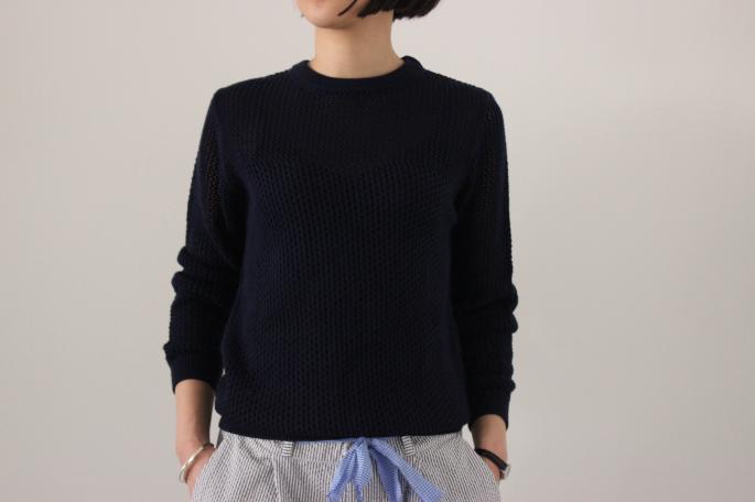 HEIGHT / 155cm<br />
WEAR SIZE / 1<br />
<br />
SUNSPEL<br />
Mix Stitch Eyelet Knit Jumper<br />
COLOR / Navy<br />
SIZE / 1<br />
Made In England<br />
PRICE / 28,000＋tax<br />
<br />
GALLEGO DESPORTES<br />
Churchill<br />
COLOR / Blue<br />
SIZE / S,M<br />
Made In France<br />
PRICE / 32,000＋tax