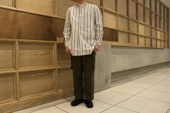 HIGHT / 168cm<br />
WEAR SIZE / S<br />
<br />
Phlannel<br />
Pillow Stripe Grandfather Shirt  <br />
COLOR / White,Khaki<br />
SIZE / S,M,L<br />
Made In Japan<br />
PRICE / 26,000+tax<br />
<br />
Vintage<br />
French Military Later M-47 Cargo Pants Dead Stock<br />
SIZE / 11<br />
Made In France<br />
PRICE / 19,000+tax<br />
<br />
Needles<br />
Troentrop×Needles Swedish Clog<br />
COLOR / Black<br />
SIZE / 40,41<br />
Made In Sweden<br />
PRICE / 24,000+tax<br />

